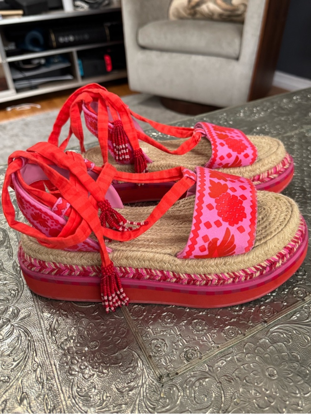 Farm Rio Embroidered Ankle Tie Flatform Sandals - Red/Pink - Size 7